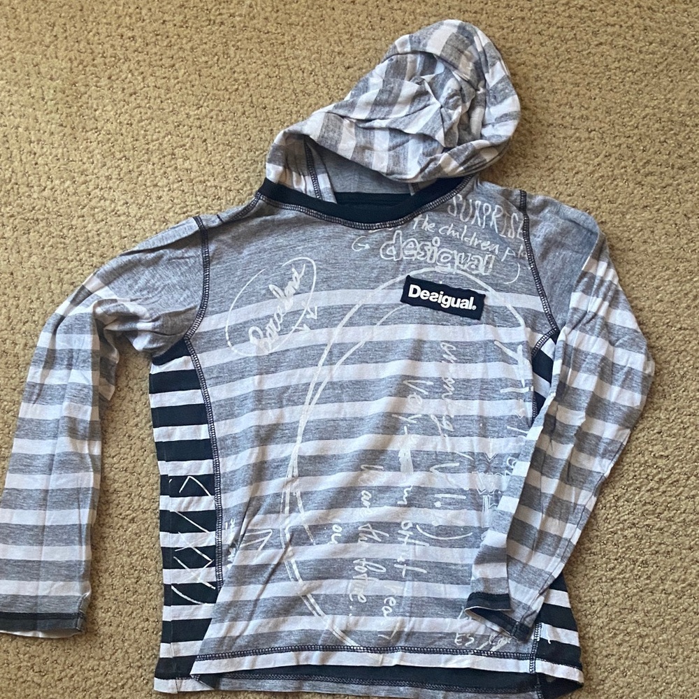 Desigual Kids Gray and White Striped Hoodie